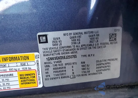 2014 Chevrolet Traverse Lt from USA, damaged, VIN 1GNKVGKD5EJ250765